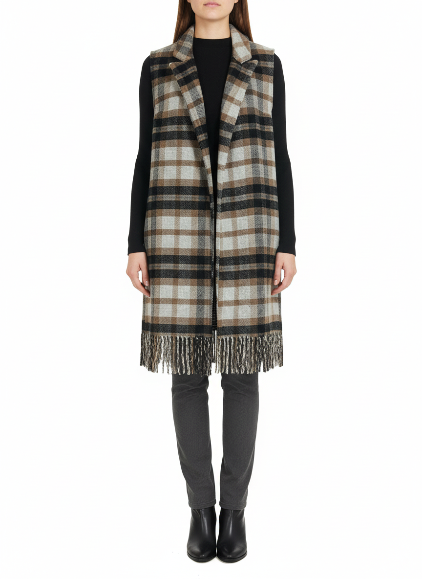 Chaleco de lana a cuadros con flecos