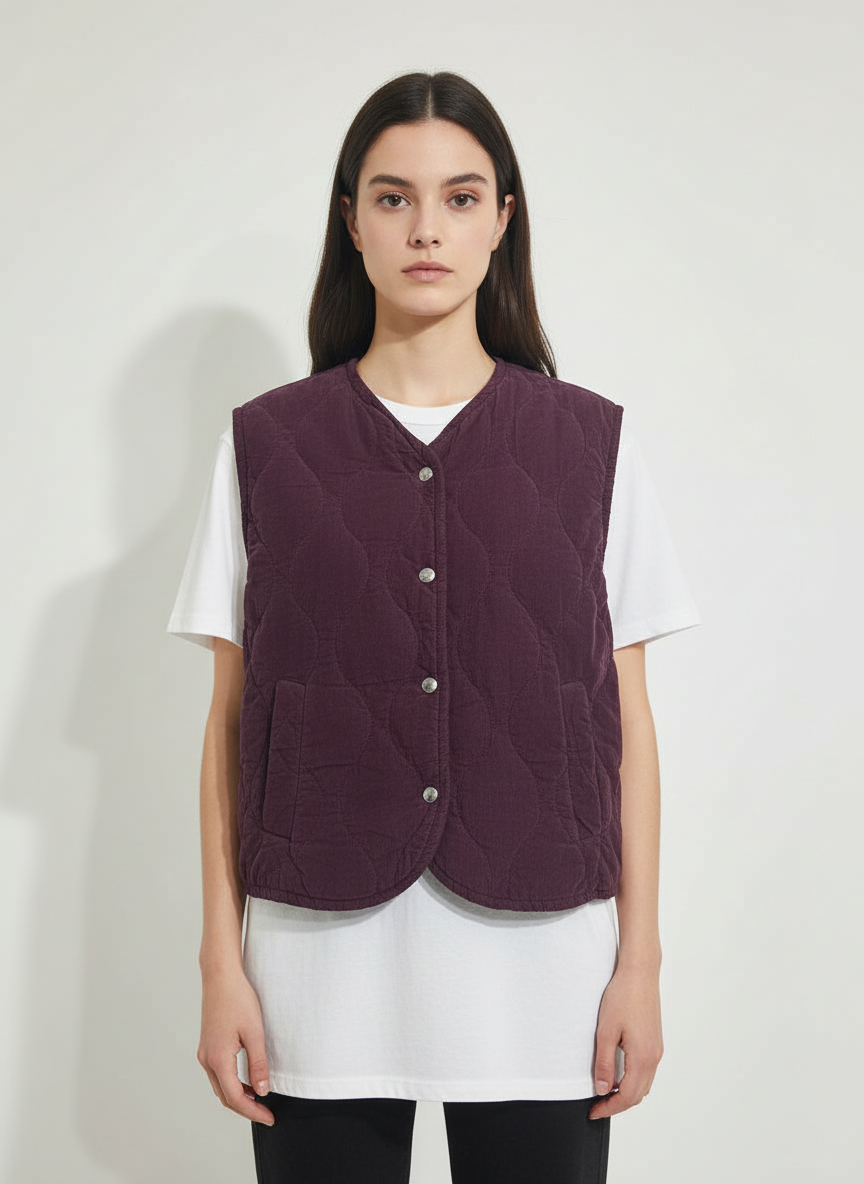 Modelo con chalequillo morado - vista frontal