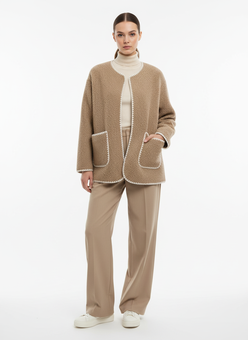 Modelo con chaqueta de borreguito beige