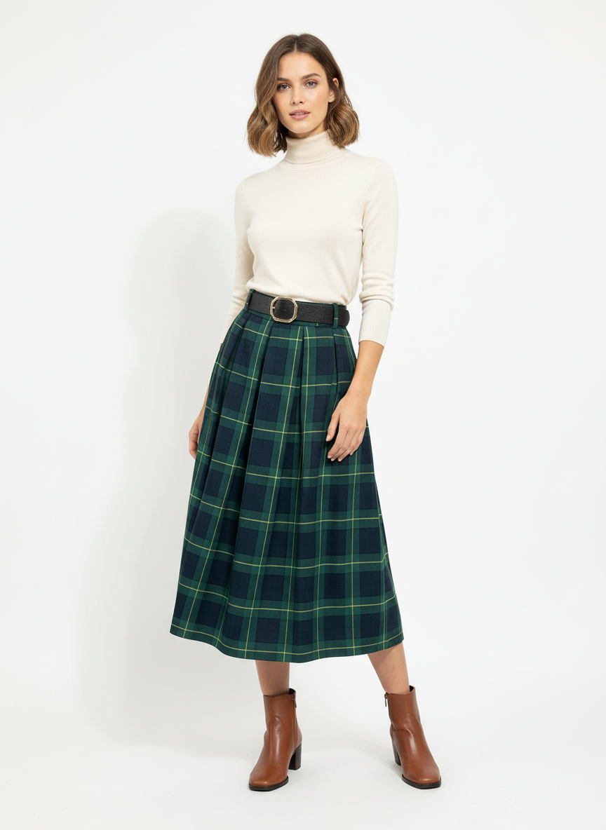 Modelo con falda de cuadros escoceses