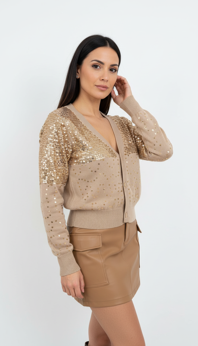 Outfit con chaqueta de lentejuelas y falda