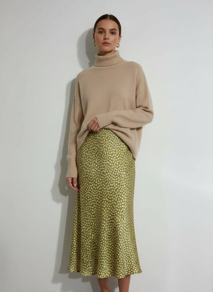 Outfit con falda de lunares dorados y jersey beige