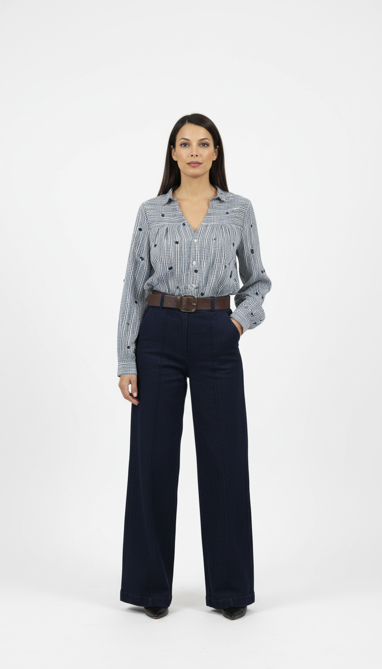 Outfit con pantalones azul marino y blusa de cuadros