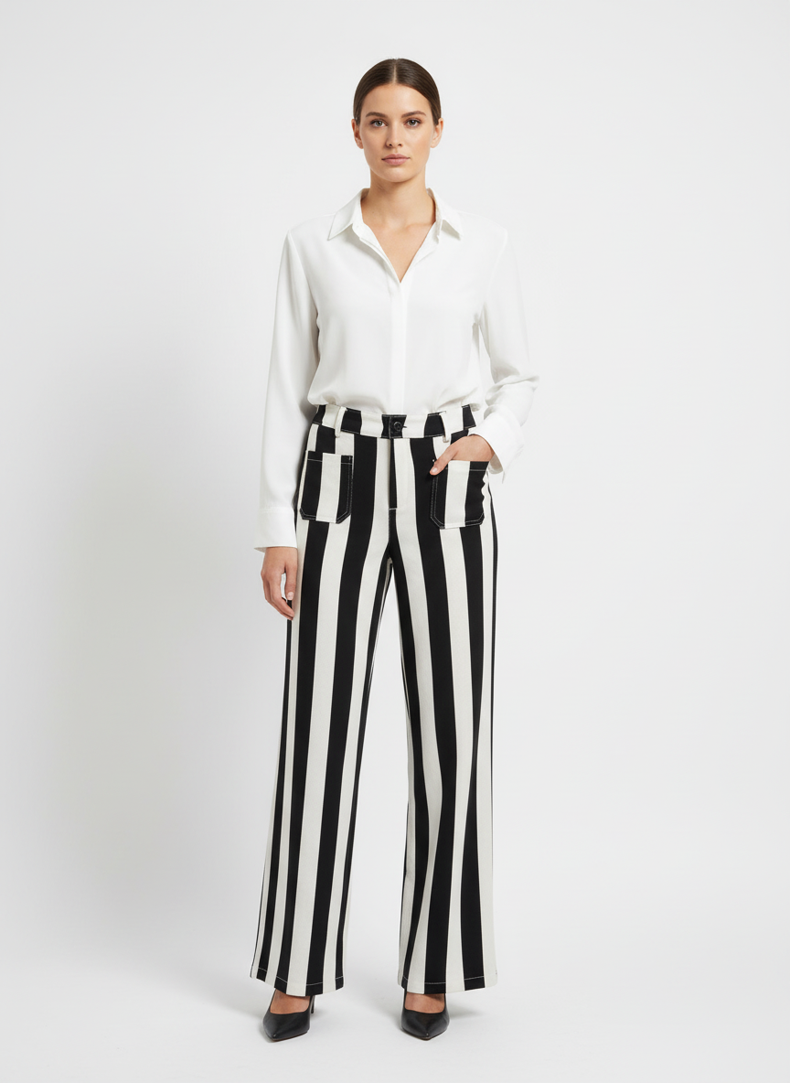 Outfit con pantalones de rayas y blusa blanca